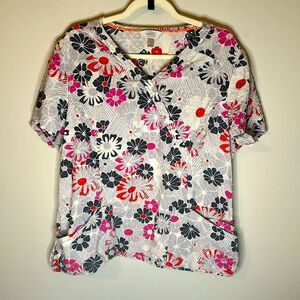 Code Happy Pink, Orange, and Gray Floral Scrubs with Dotted Texture 2XL